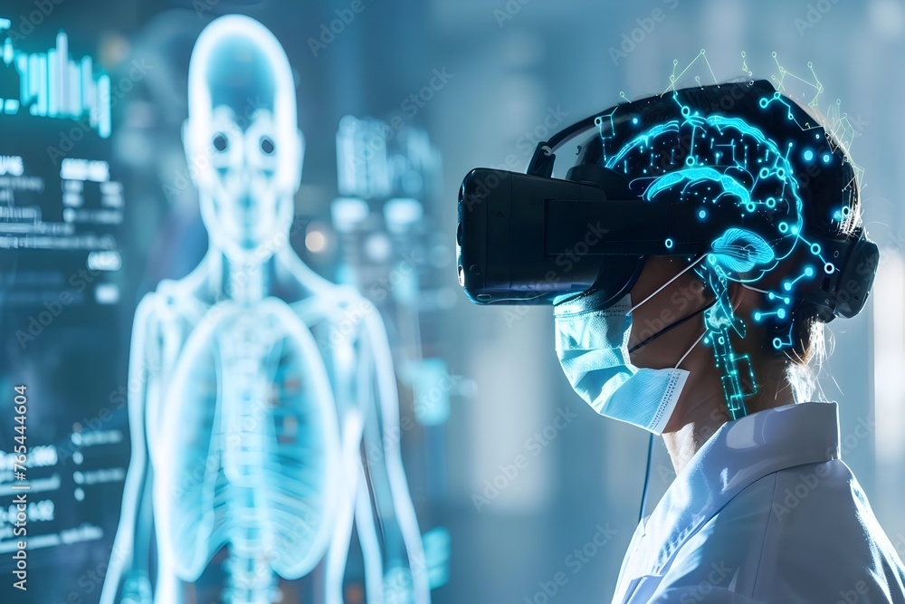 Poster virtual reality medical experiment with smart futuristic healthcare technology and digital data visu