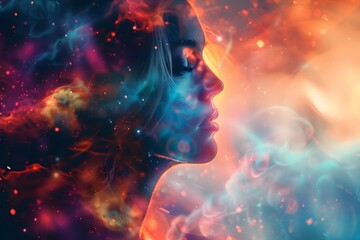Ethereal Fantasy Portrait of a Captivating Female Figure in a Vibrant Cosmic Landscape