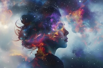 Ethereal Double Exposure Portrait of a Mystical Woman with Colorful Digital Paint Splash and Cosmic Nebula Background - obrazy, fototapety, plakaty