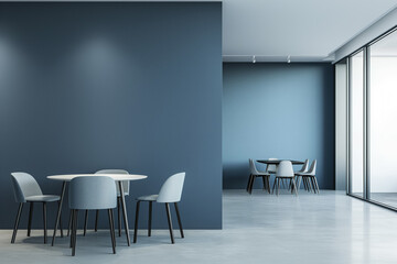 Modern Monochrome Dining Area with Simplistic Furniture Design. Contemporary Minimalist Café Interior with Blue Walls and Sleek Seating