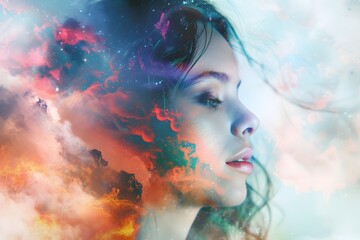 Striking Double Exposure Portrait of a Mysterious Ethereal Woman Amid Swirling Colorful Digital Nebula Backdrop
