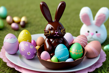 Fototapeta na wymiar chocolate bunny nestled in a park amidst colorful chocolate eggs on a sunny day