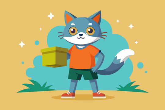 A cat in a T-shirt and shorts holds a box in front of him vector arts illustration