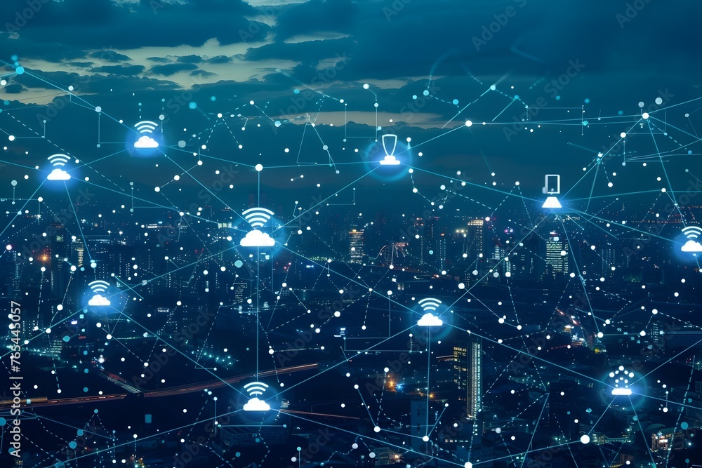 Aufkleber aerial view of smart city with network connections and cloud computing icons representing technology