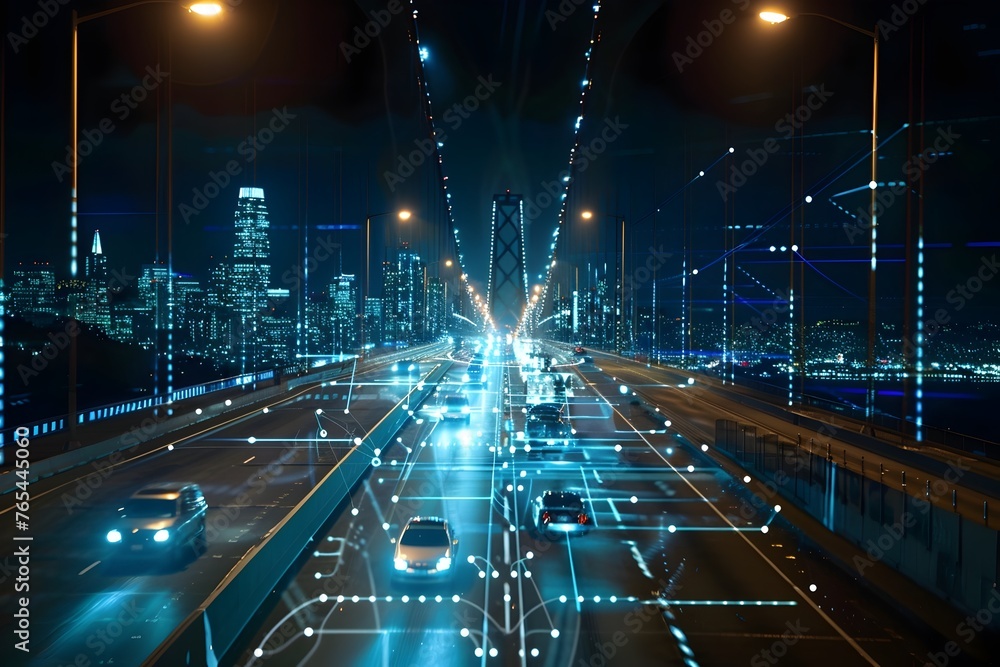 Poster futuristic cityscape with smart highway and advanced traffic monitoring system
