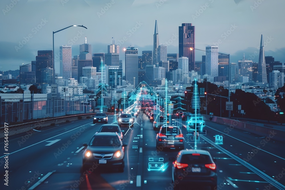 Poster futuristic cityscape with ai-powered traffic and security monitoring in a vibrant metropolis
