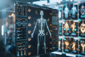 Futuristic Medical Profile Displaying Pelvis MRI Scan with Vital Signs and Healthcare Information on Technological Interface - obrazy, fototapety, plakaty