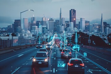 Futuristic Cityscape with AI-Powered Traffic and Security Monitoring in a Vibrant Metropolis