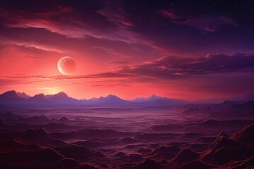 a landscape with mountains and a sunset