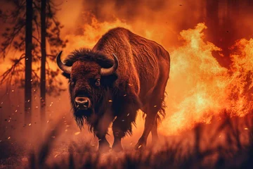 Poster A bison bolts through a field engulfed in flames, fleeing from a forest fire, showcasing the urgency of escaping the environmental catastrophe © Anoo