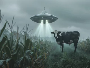 Foto op Canvas a cow standing in a field with a ufo above it © besttops