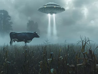 Poster a cow and ufo in a field © besttops