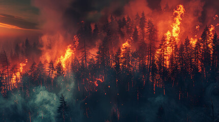 Fototapeta na wymiar A serene forest tragically consumed by a fierce wildfire, invoking both awe and sorrow in the viewer