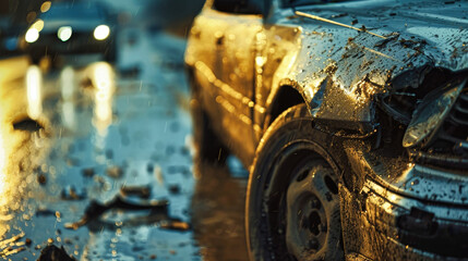 Damaged Car Sitting in Rain - obrazy, fototapety, plakaty