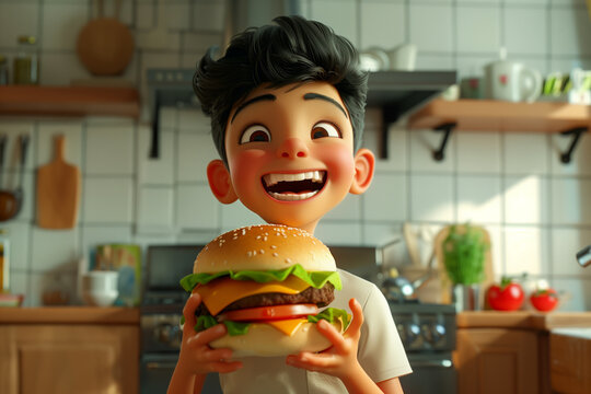 The boy happily holds the burguer in the kitchen. illustration. 3 d render style