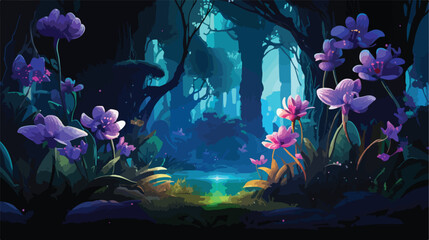 Fototapeta na wymiar Lokii34 Surreal night jungle with luminescent plants and flow