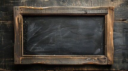 Old blackboard with wooden frame on dark wooden background