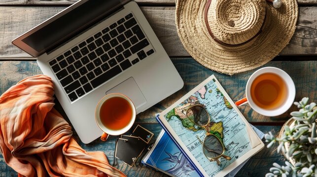 Wanderlust Workspace Inspiring Travel Blogger Setup with Laptop Tea and Adventure Souvenirs