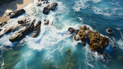 Aerial view landscape of coastline with ocean waves and powerful of sea with seascape canal and...