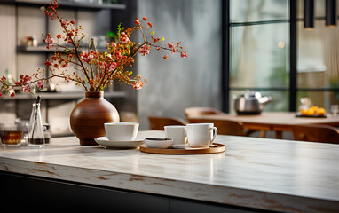 Kitchen island countertop with coffee set and flowers in vase decorated in modern kitchen