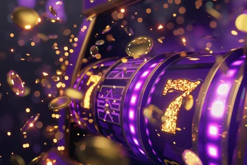 Foto op Canvas a vibrant purple slot machine with the lucky number seven symbols and golden accents © alex