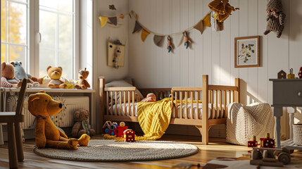 A farm-themed baby room with barnyard animal wall decals, a crib with farm animal bedding, and a toy barn  - obrazy, fototapety, plakaty