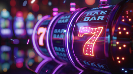 slot machine bathed in neon lights with a glossy finish