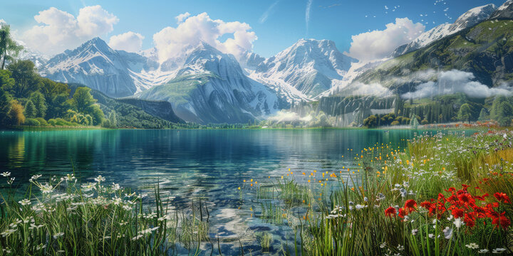 Beautiful lake with clear water surrounded by green mountains and snowcapped peaks in the background
