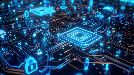 Digital Dreams Futuristic Circuit Board with Neon Lines and Holographic Data Encryption Technology Innovation Cybersecurity