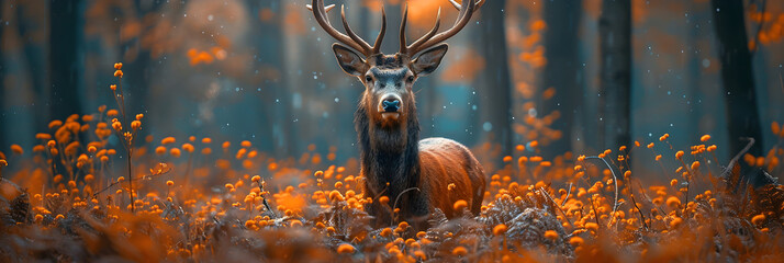 A Deer in the Forest with a Forest Background,
Close wild deer in nature habitat