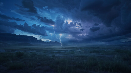 Dramatic display of lightning bolts cutting through a stormy sky over a quiet prairie expanse - obrazy, fototapety, plakaty