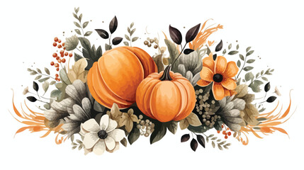 Lokii34 Watercolor Gothic Pumpkin Flowers Arrangement Flat vector - obrazy, fototapety, plakaty