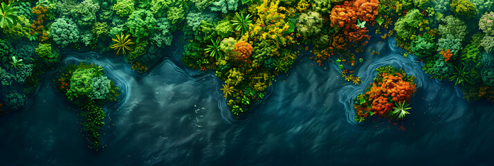Aerial View of Vibrant Forest Shaped Like Earth,
Green fresh amazon tropical top drone view landscape plant - obrazy, fototapety, plakaty