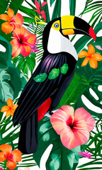 Vibrant digital illustration of a toucan among tropical flora, ideal for travel agencies or summer-themed promotions.