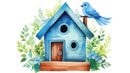 Lokii34 Watercolor wooden house for birds with blue ribbon 