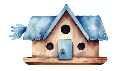 Obraz na płótnie Canvas Lokii34 Watercolor wooden house for birds with blue ribbon 