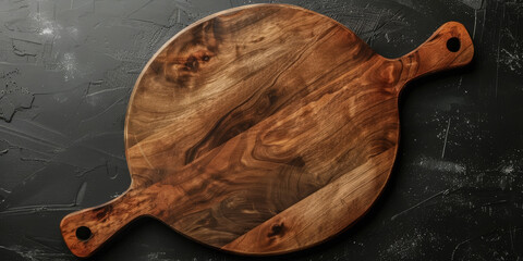 a round wooden pizza board with handle, Chopping board. Empty round wooden cutting board on dark background,top view, flat lay