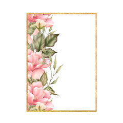 Gold frame with pink rose flower. Floral Wedding card decor