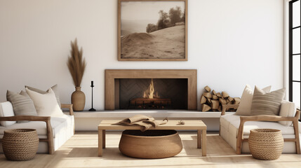 A cozy living room with a fireplace, two armchairs, a coffee table, and a rug. The fireplace is lit and there is a picture of a desert landscape on the wall. - obrazy, fototapety, plakaty