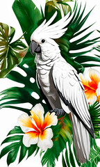 A white cockatoo perched amongst tropical greenery and hibiscus flowers, a stunning visual for nature and bird-themed graphics.