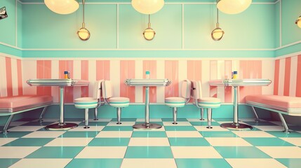 A retro diner background with 1950s style decor and vintage colors, great for adding a retro and nostalgic look to designs