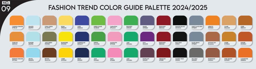 Color Palette. Fashion Trend Color Guide Palette 2024-25 no.09. Forecast of the future colors. color palette vector for fashion designers, business Trend, Garment colors, and Paint Color Companies
