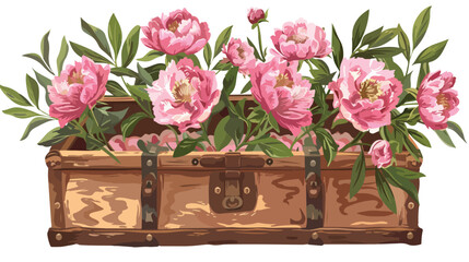 Beautiful Peonies in a Rustic Chest flat vector 