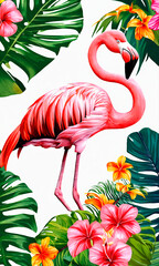 Tropical flamingo digital art with lush flowers and leaves, perfect for vibrant beach themes and nature-inspired graphics.