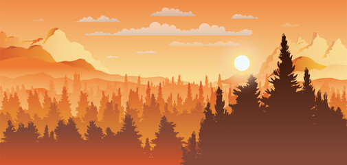 Vector panoramic landscape of forest in sunset with silhouettes of pine trees. - 765450001