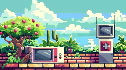 A retro pixel art background with graphics and retro gaming elements, perfect for adding a nostalgic and geeky look to designs