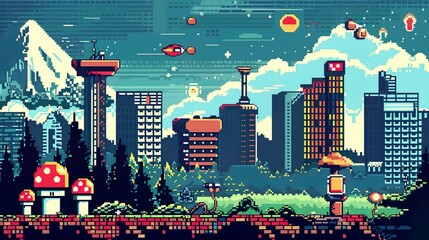 A retro pixel art background with graphics and retro gaming elements, perfect for adding a nostalgic and geeky look to designs