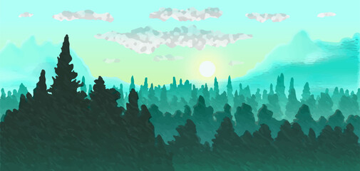 Vector panoramic landscape of forest with green and blue silhouettes of pine trees. - 765450071