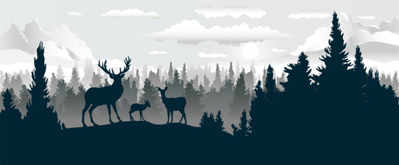 Deers family silhouettes, Vector illustration panoramic landscape of forest. - 765450073