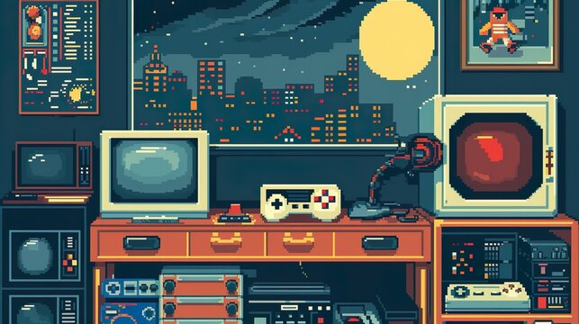 A retro pixel art background with graphics and retro gaming elements, perfect for adding a nostalgic and geeky look to designs - Powered by Adobe